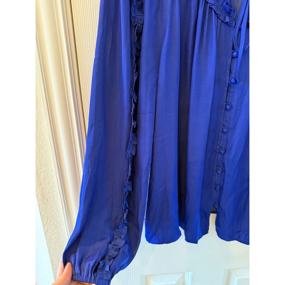 LOFT Ruffle Peasant Blouse XL Cobalt Blue Button Front Long Sleeve‎ Boho Top - Picture 2 of 7